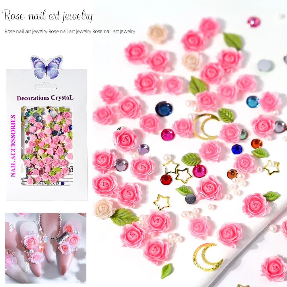 30Pcs Pink Purple Rose Flower 3D Nail Rhinestone Mixed Pearl Beads Leaves Nail Charms Resin Kawaii Blossom Nail Art Decorations