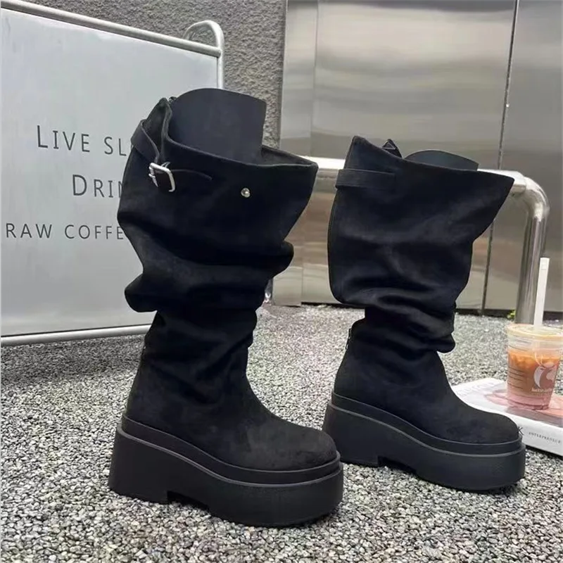 

New Women's Suede Platform Knee High Boots 2026 Autumn Winter Gothic Chunky Heel Slouchy Combat Boots Thick Sole for Small Feet