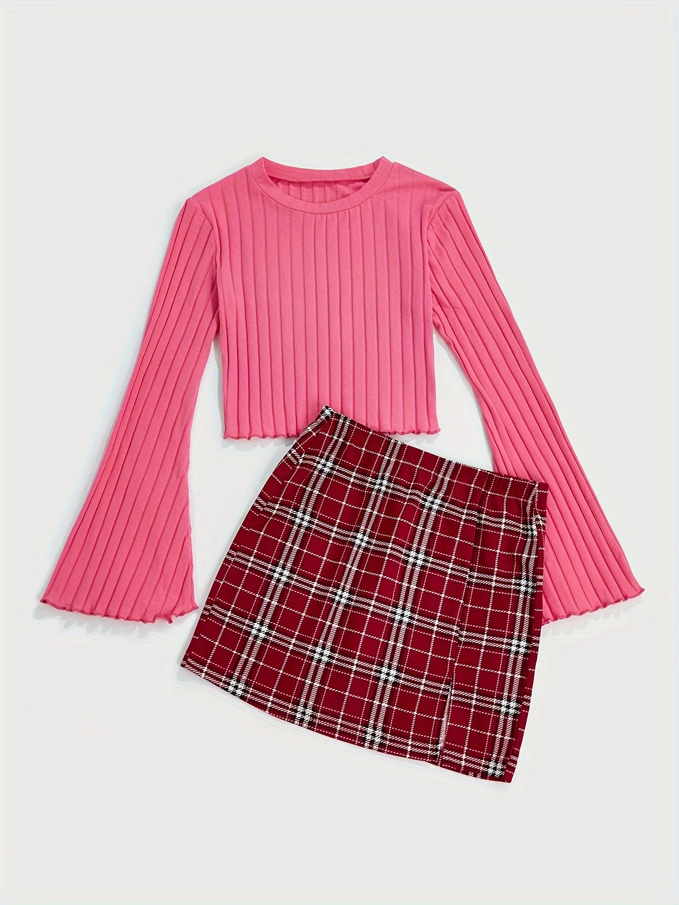 Casual Colorblock Two-piece Skirt Set Ribbed Crew Neck Long Sleeve Top & Plaid Skirts Women\'s Clothing