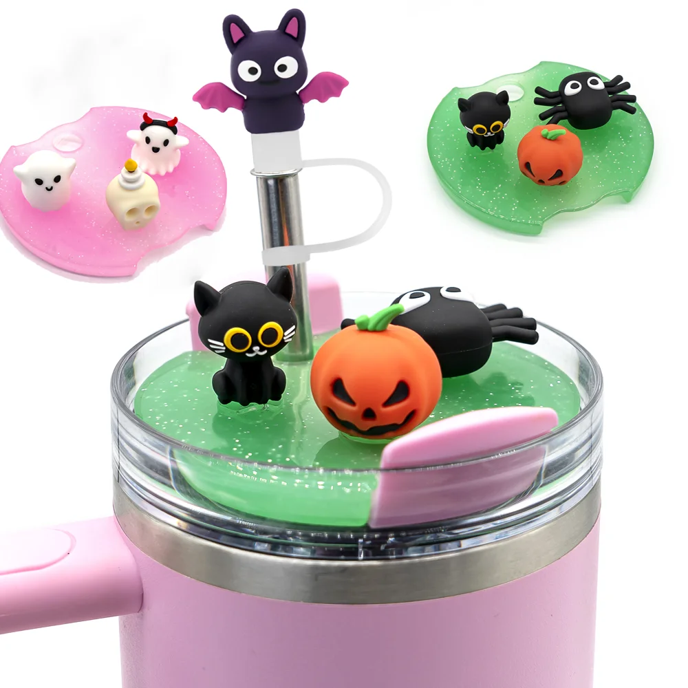 

4 шт. аксессуары для чашек для стаканов, 8 мм 3D крышки для соломинки на Хэллоуин, крышки для напитков, брызгозащищенные моющиеся соломинки, подарок