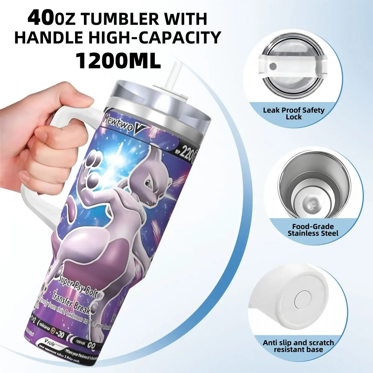 Pokemon Anime Card Mewtwo Car Mugs With Straws Travel Cold Drink Water Bottle Portable Large Capacity Coffee Mug