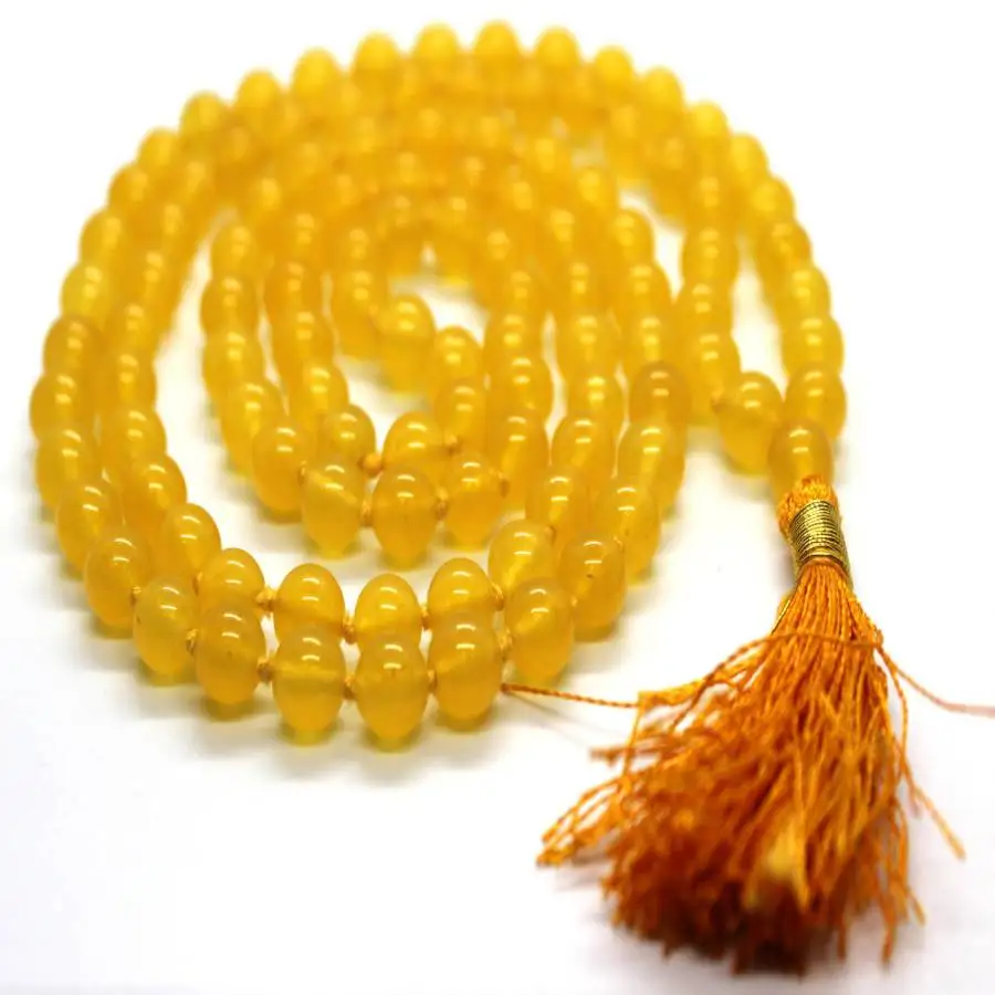 

Natural Yellow Calcite 108 Beads Mala Necklace with Gold Tassel Healing Crystal Jewelry