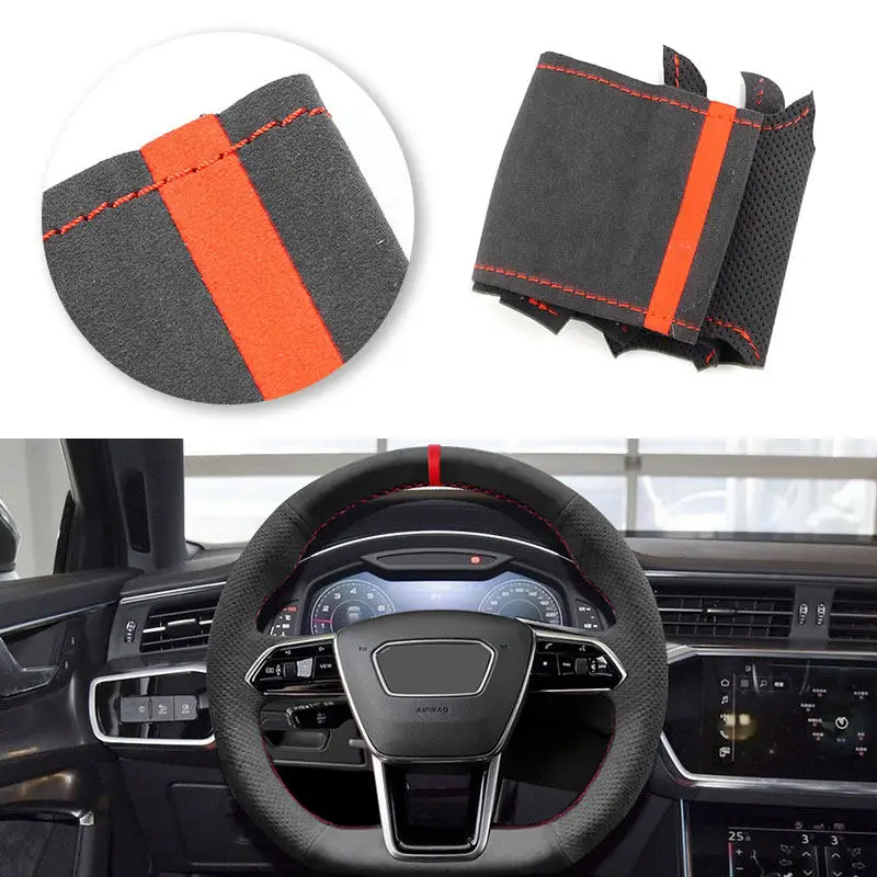 Black-red line with red strip Car Steering Wheel Suede Leather Cover For Audi A6 C8/4K S6 A8 D5/4N S8 A7 RS 7 4K8 E-tron GT