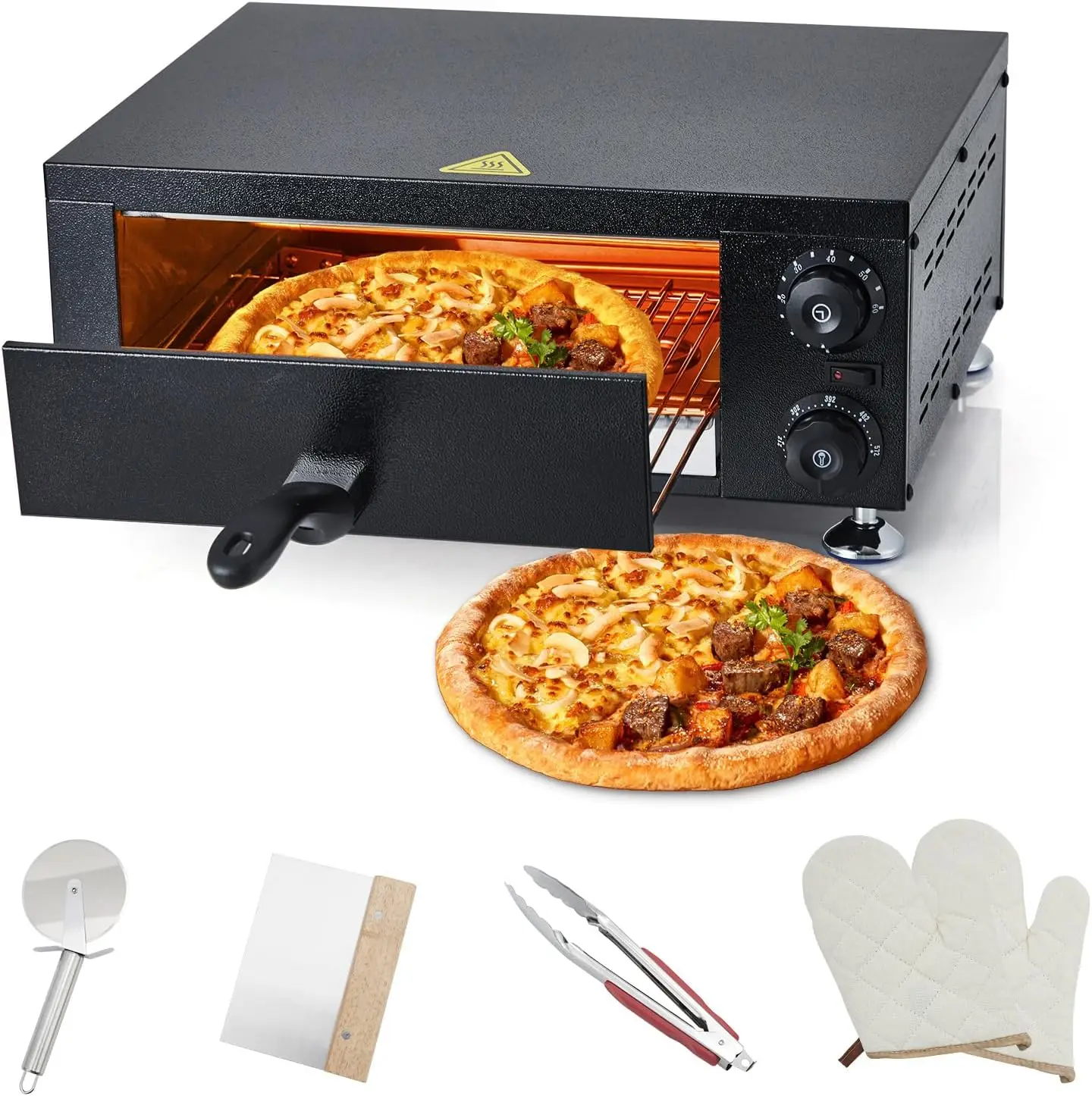 1100W Commercial Countertop Pizza Oven, 12-Inch Stainless Steel Electric Pizza Maker with View Window and Timer, Fast Baking for