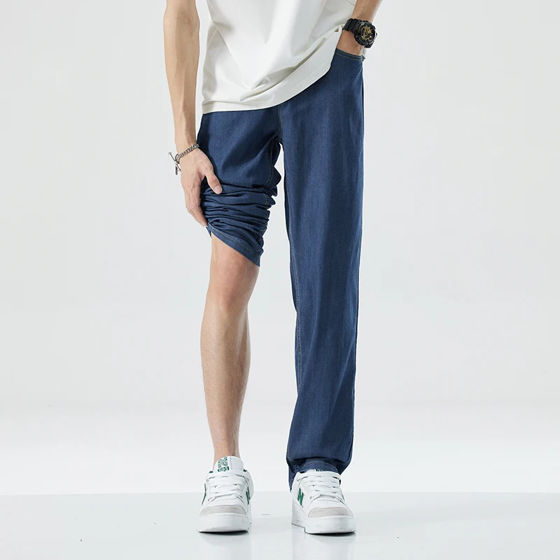 

Men Ice Silk Jeans Trendy Wide Leg Trousers Summer Thin Lightweight Loose Straight Fit Cooling Tencel Casual Comfort Streetwear
