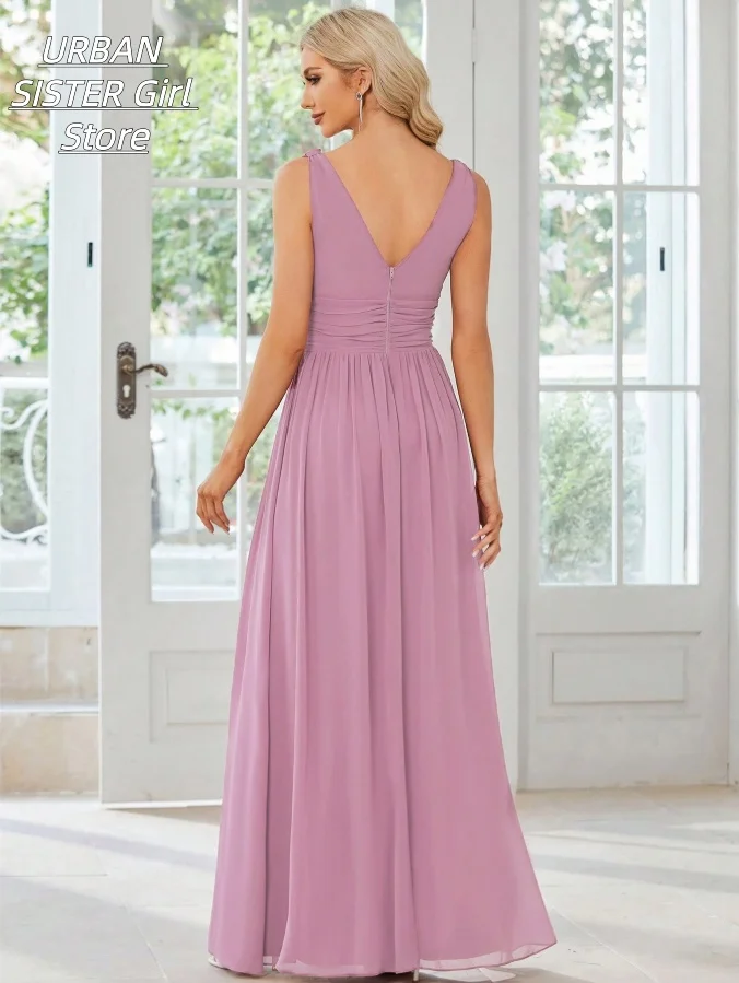 Pink-Purple Deep V-Neck Sleeveless Ruched Waist Chiffon Long Bridesmaid Dress, Floor-Length Elegant Wedding Guest Evening Gown view 5