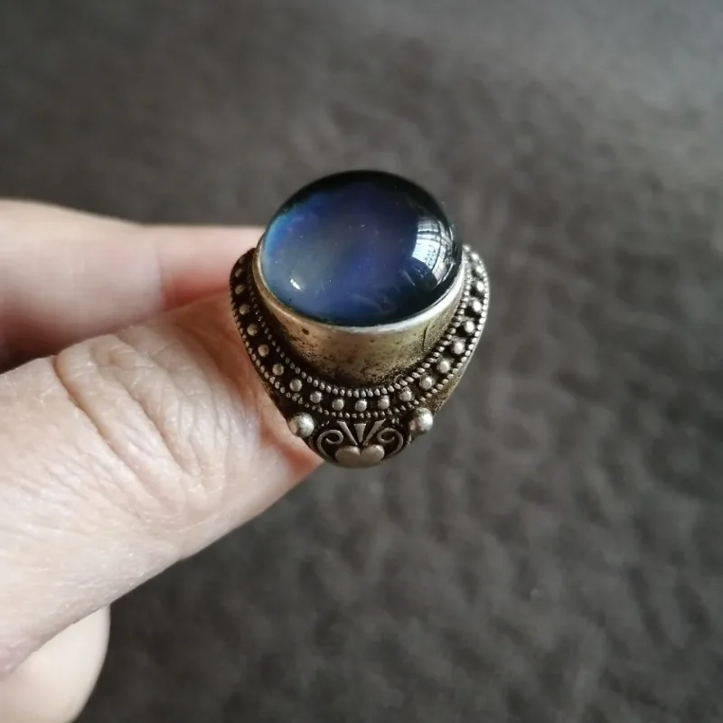 Boho Ethnic Statement Ring Vintage Tibetan Silver Style Blue Cat Eye Round Cabochon Ornate Beaded Frame Ring