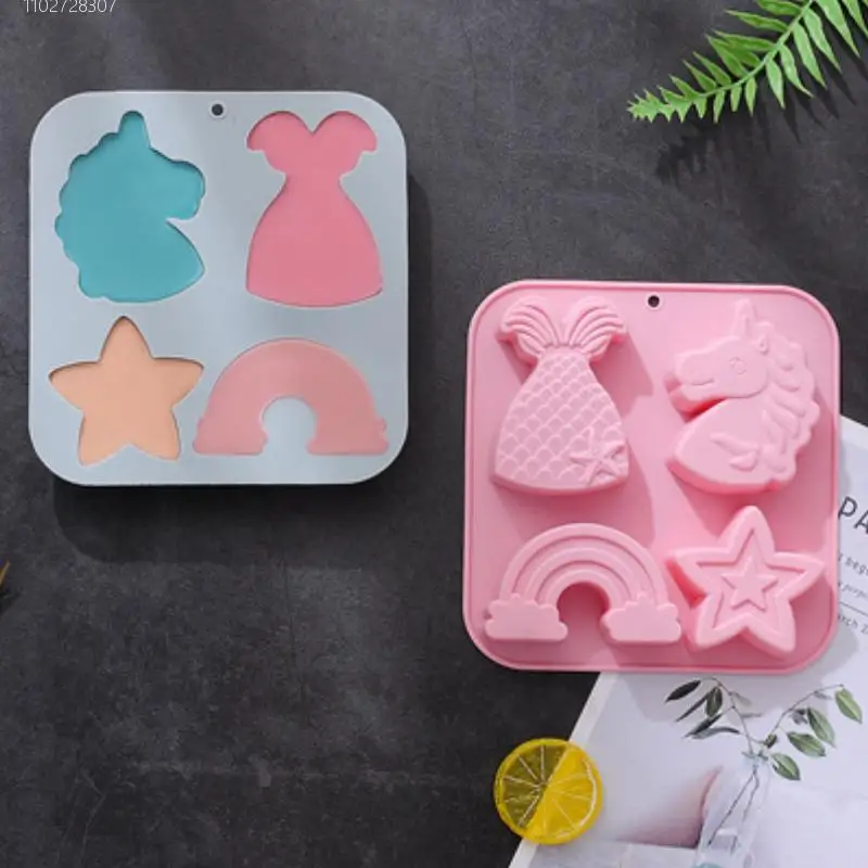 Cartoon Porous Unicorn Silicone Chocolate Mold Mermaid Candy Cake Ice Baking Mould Diy Star Rainbow Soap Candle Making Gifts