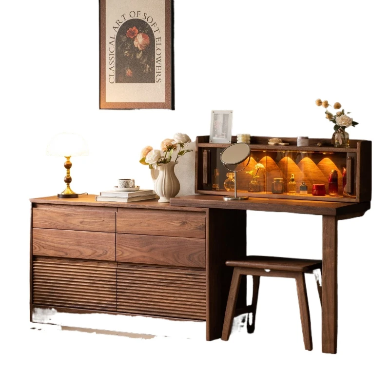 

Solid wood makeup table North American black walnut bedroom telescopic dresser chest integrated Nordic simple dressing cabinet