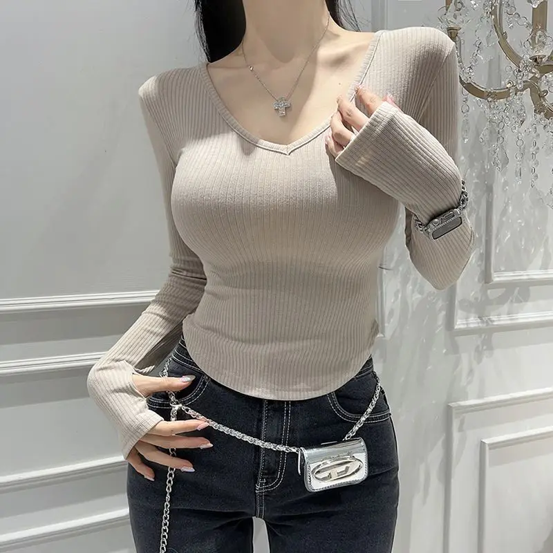 Spring Autumn Women\'s Clothing Solid Color Pullover V-Neck Long Sleeve Casual Elegant Comfortable T-shirt Fashionable Tops