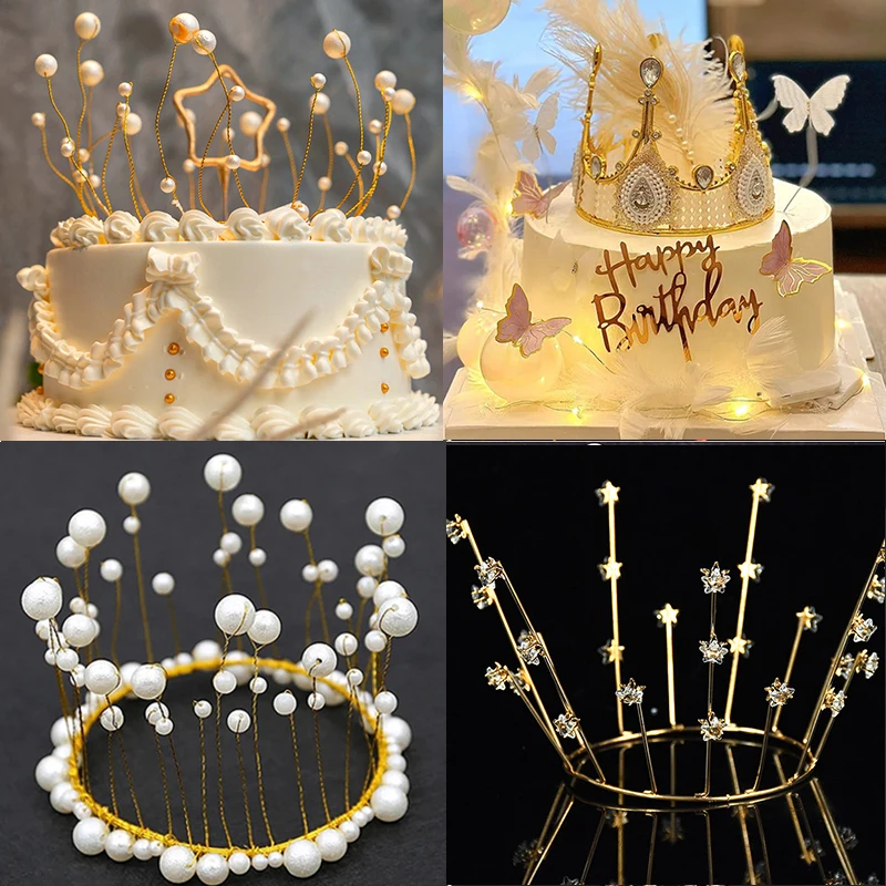 1pc Mini Pearl Crown Cake Toppers Golden Crown Cupcake Toppers For Wedding Kids Birthday Party DIY Cake Baking Decoration Tools