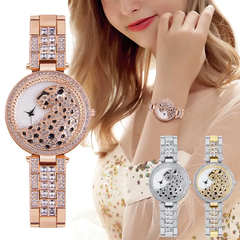 Personalized Women Watch Luxury Full Rhinestones Quartz Watch 3D Leopard Dial Steel Band Bracelet Wristwatch Female Reloj Mujer