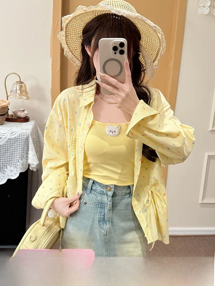 

Sweet Polka Dot Cotton Shirt Casual Loose Sun Protection Outerwear for Girls Summer Comfortable Versatile Lightweight Top