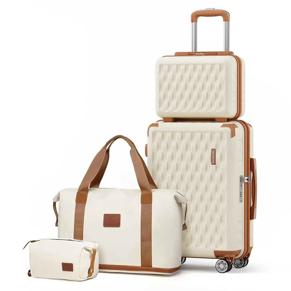 Melalenia Juego de maletas de viaje de 4 piezas, maleta liviana y duradera con bolsa de lona y bolsa de aseo, cerradura TSA