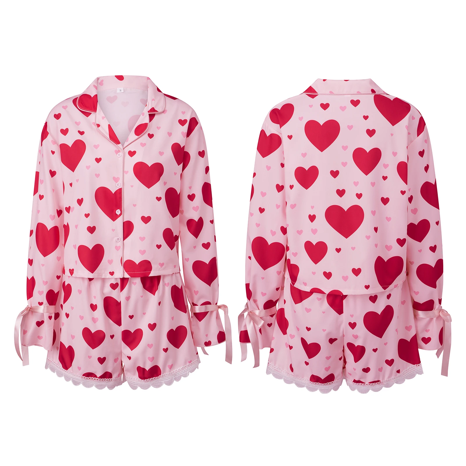 

Valentine's Day Pajamas Sets for Women Long Sleeve Lapel V Neck Heart Print Loose Fit Tops and Elastic Waist Shorts Loungewear