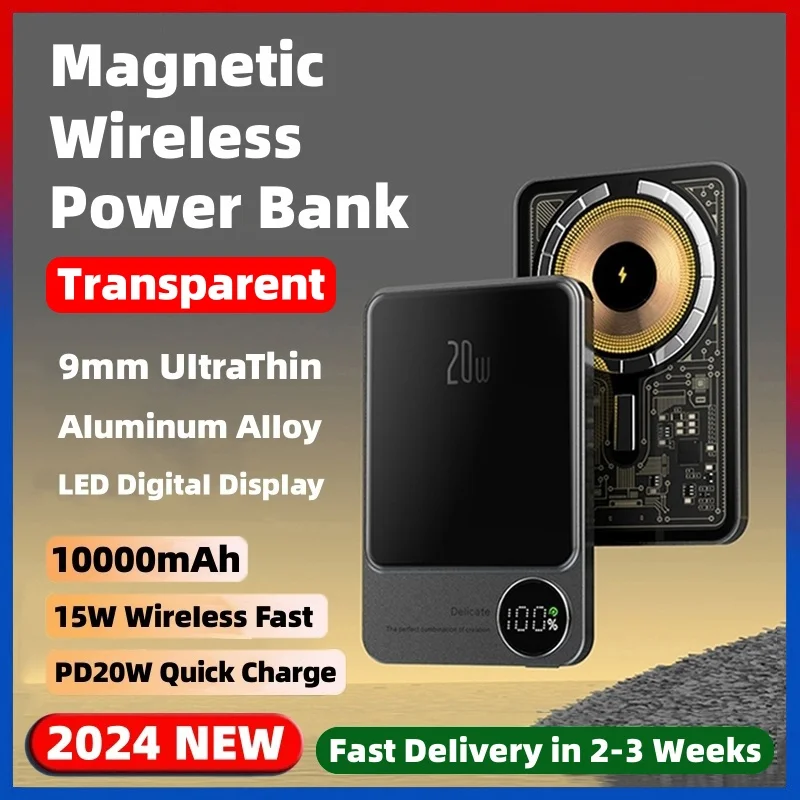 10000mAh Transparent Magnetic Power Bank 15W Wireless Fast Charger For iPhone Samsung Powerbank For Apple External Spare Battery