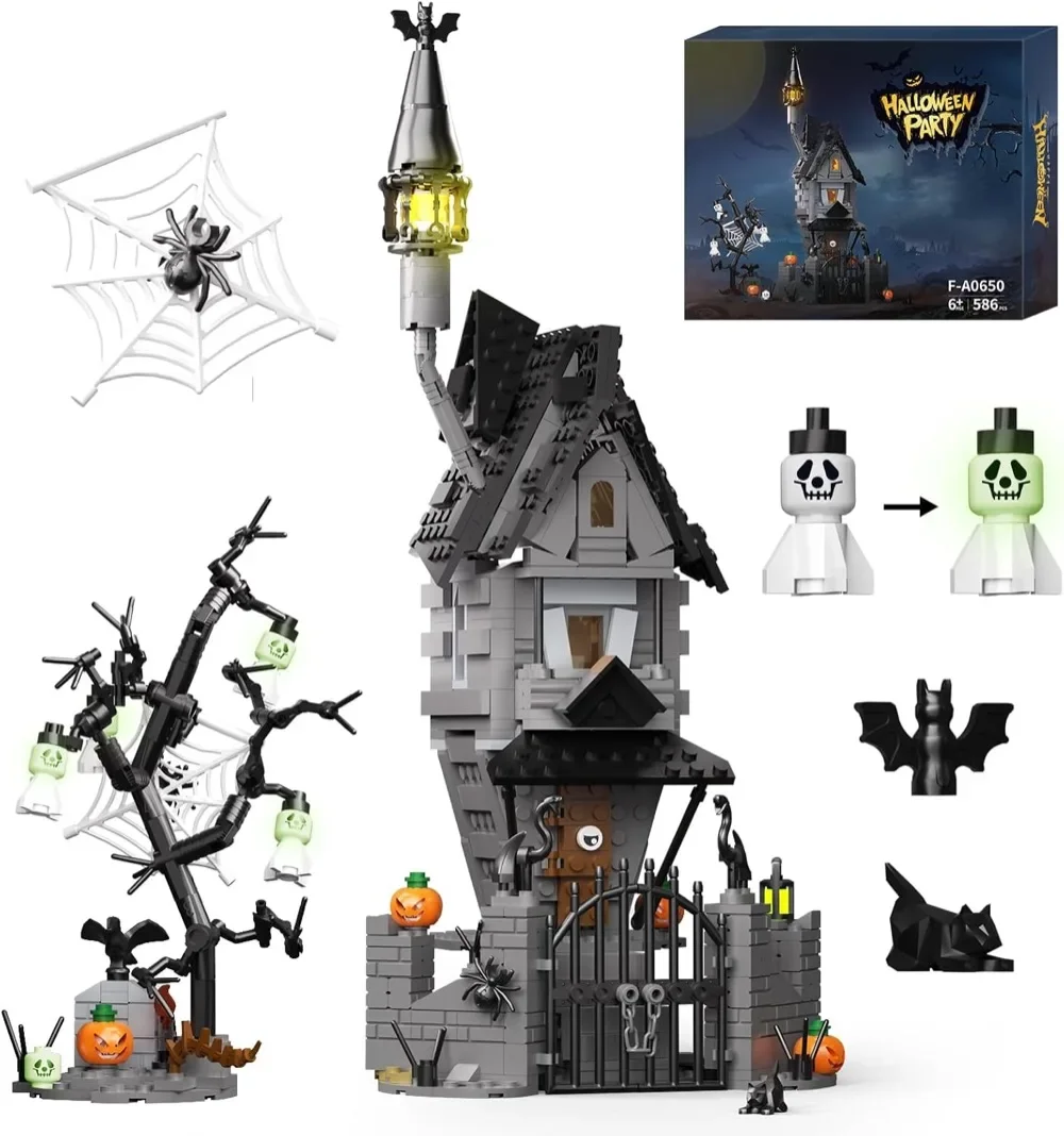 

2024 Halloween Jack's and Sally Haunted House Building Set, Before Christmas Haunted Mansion with Light,deal Gifts Kids