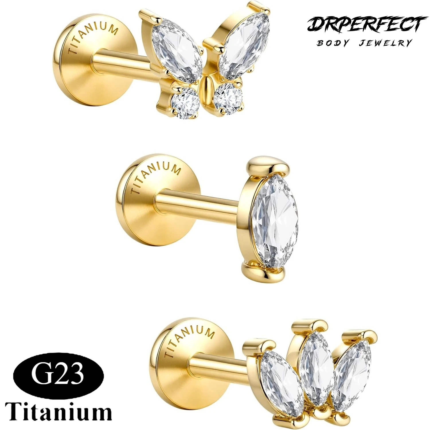 Drperfect 3Pcs G23 Implant Grade Titanium Flat Back Earrings for Women Men Internally Threaded CZ Stud Cartilage Piercing Jewel
