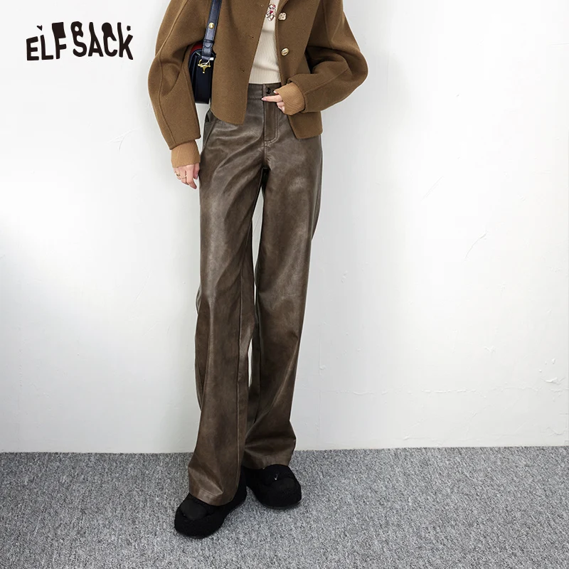 ELFSACK Brown PU Wide Leg Pants Women 2023 Winter High Waist Casual Daily Trousers