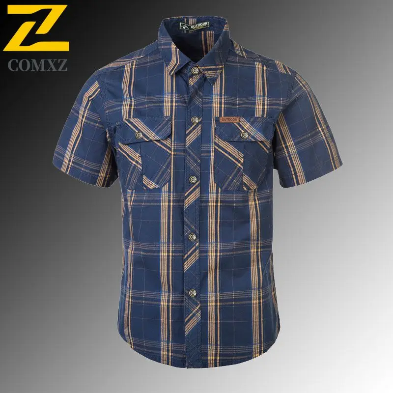

COMXZ Classic Plaid Shirt Men Summer Cotton Loose Cargo Short-sleeved Shirt Business Casual Multi pocket Tops Brand Man Clothing