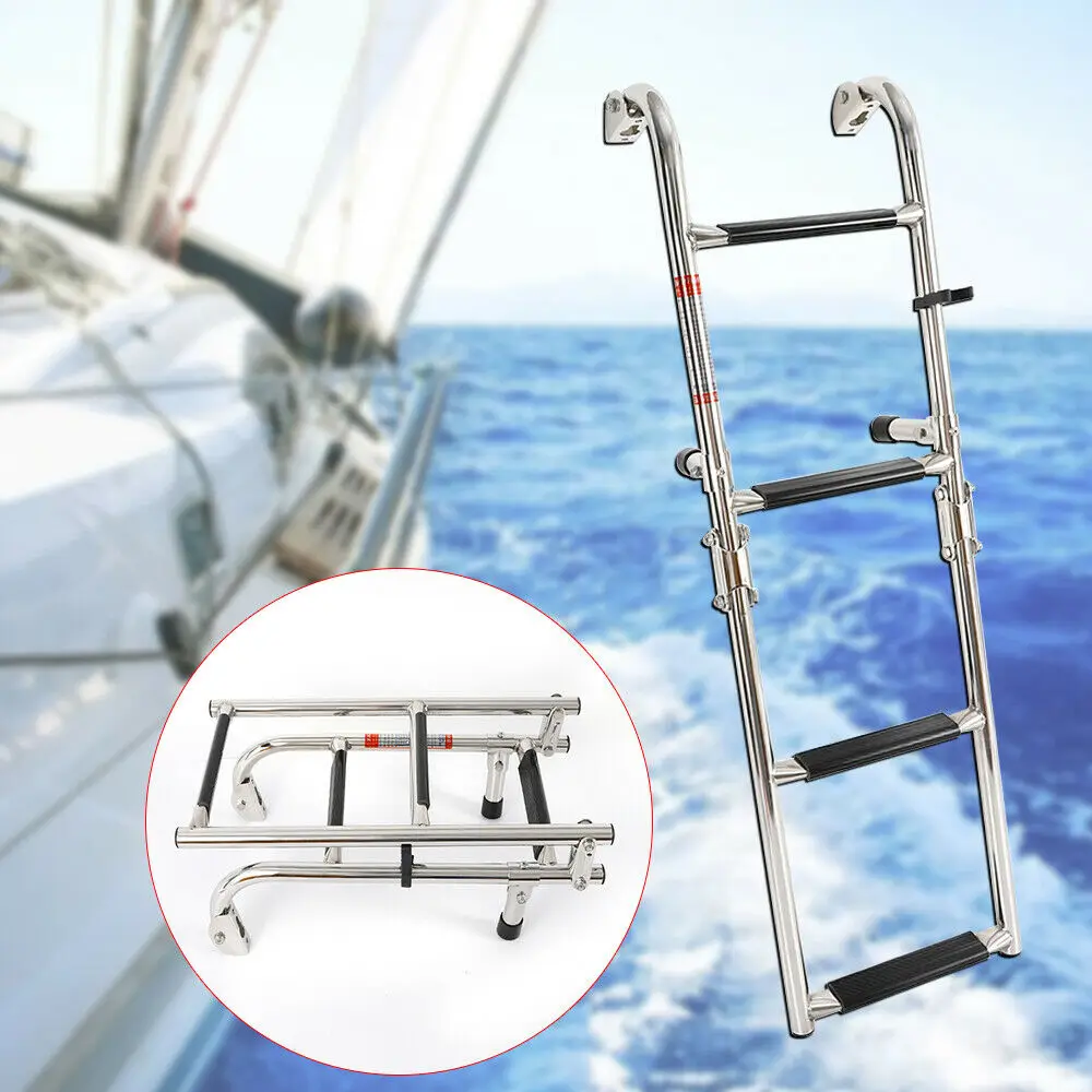 Stainless Steel Ladder Telescoping 4-Step 2+2 Fold Down Ladder Swim Step Marine Yacht Boat 4 Steps Foldable Boat Ladder