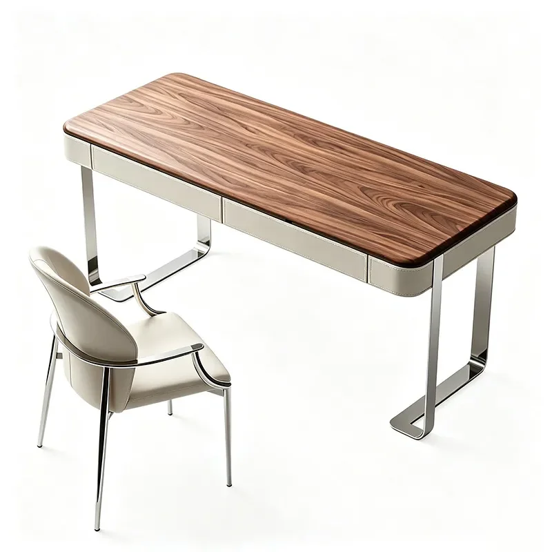 Retro Minimalist Saddle Leather Desk Solid Wood Italian Designer Computer Table for Home Study Office