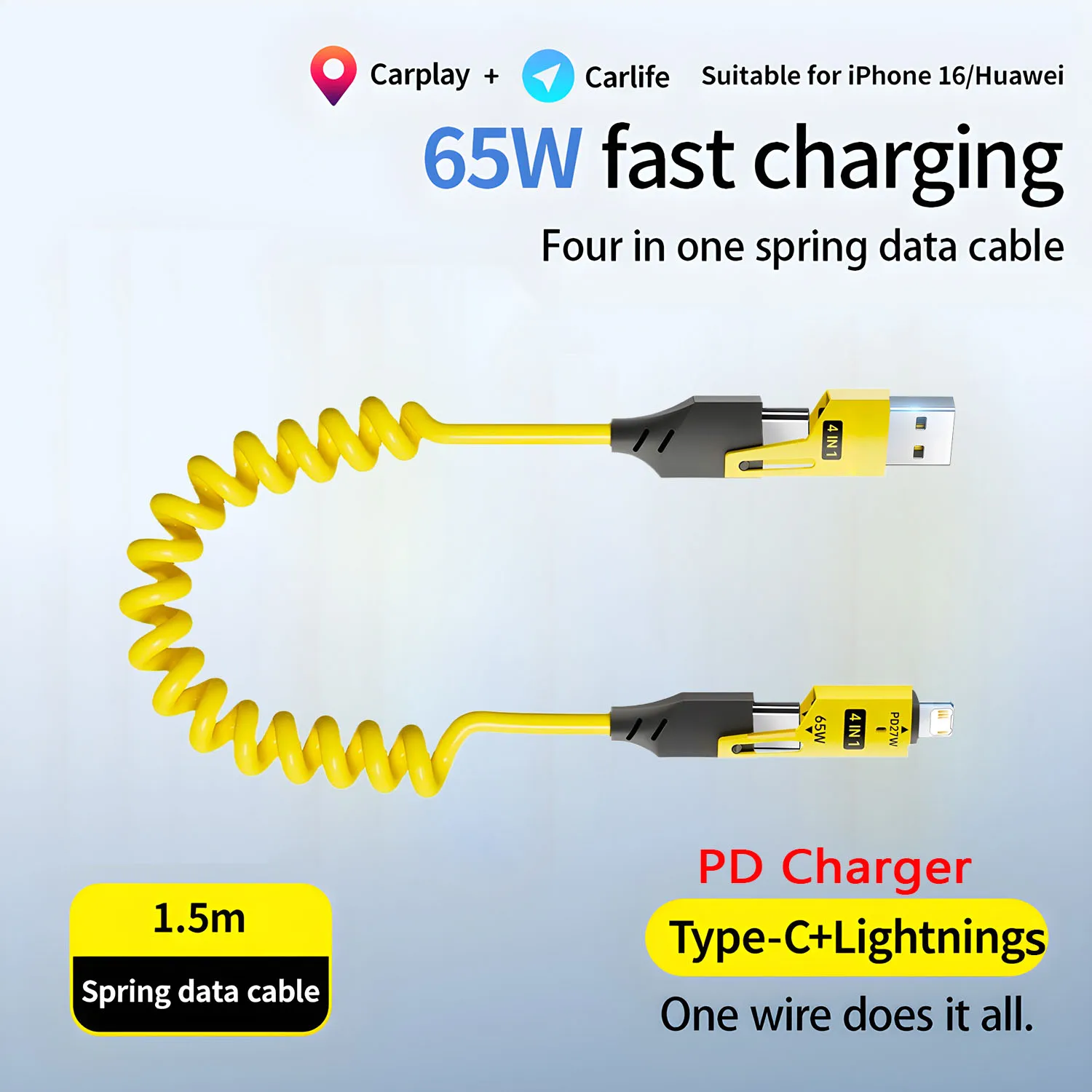 4 in 1 USB Type C Car Spring Fast Charging Cable 6A Micro USB Telescopic Short for iPhone iPad Samsung Xiaomi Huawei