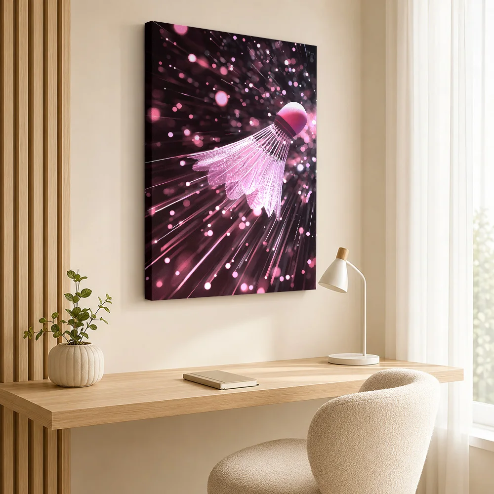 Pink Badminton Shuttlecock with Streaks Framed Canvas Print Poster Custom Photo Sports Portrait Wall Art for Bedroom Gym Decor