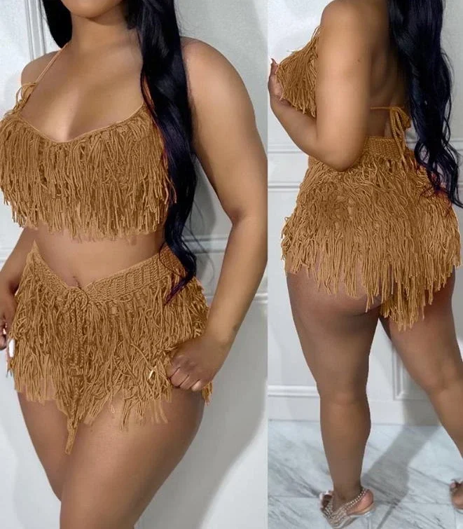Conjuntos de duas peças das mulheres outfit 2024 verão novo sexy cinta espaguete colheita crochê topo & moda borla design shorts conjunto casual