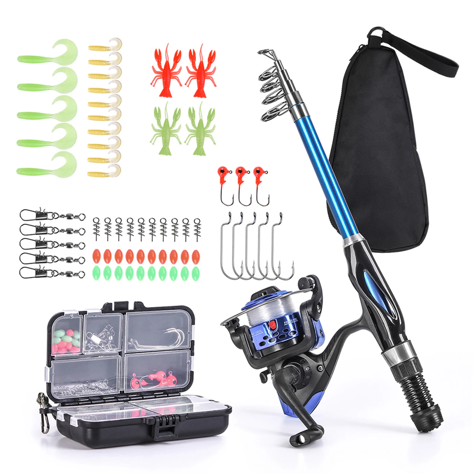 Fishing Rod Reel Combo Kit 1.3m/1.5m Telescopic Fishing Rod Spinning Reel Set with Hooks Soft Lures Barrel Swivels Storage Bag