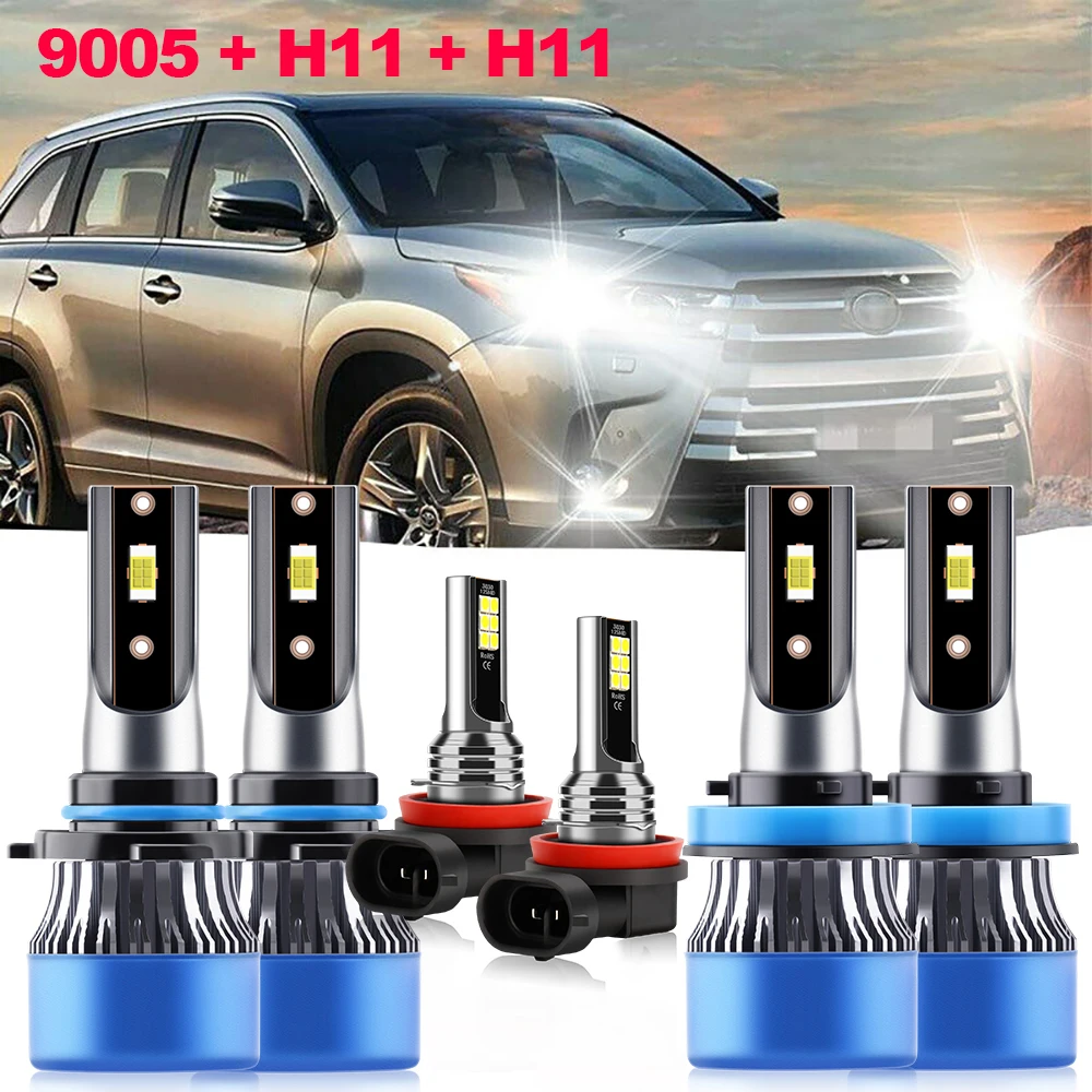 

6x LED Headlight High Low Beam 9005 H11 Fog Bulbs H9 H8 HB3 Halogen Replacement Kit For Toyota Highlander 2017 2018 2019 2020