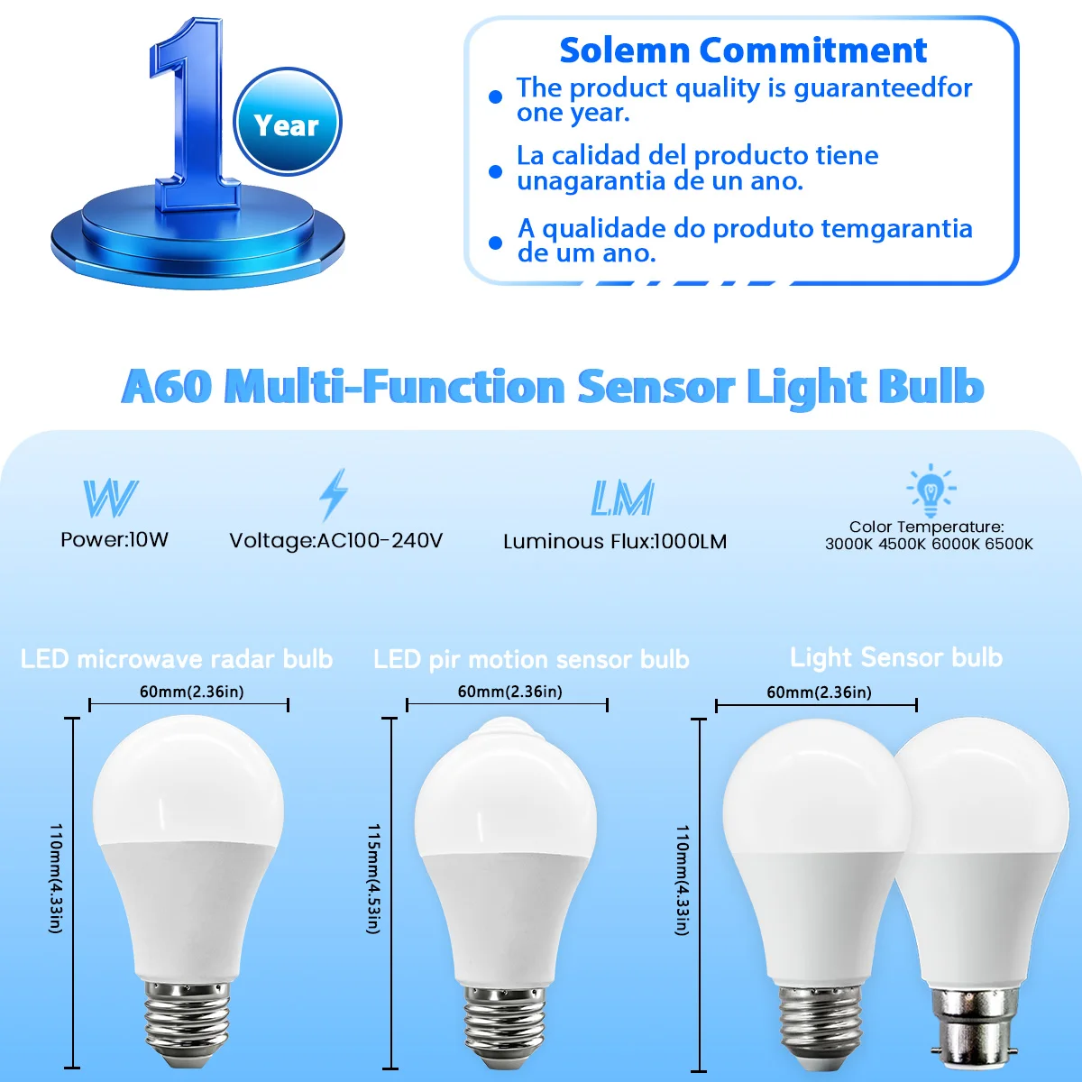 2PCS 10W E27 B22 Radar PIR Motion Sensor LED Bulb AC120V/220V Warm Light Infrared Detector Auto ON/OFF Lamp for Outdoor Lighting