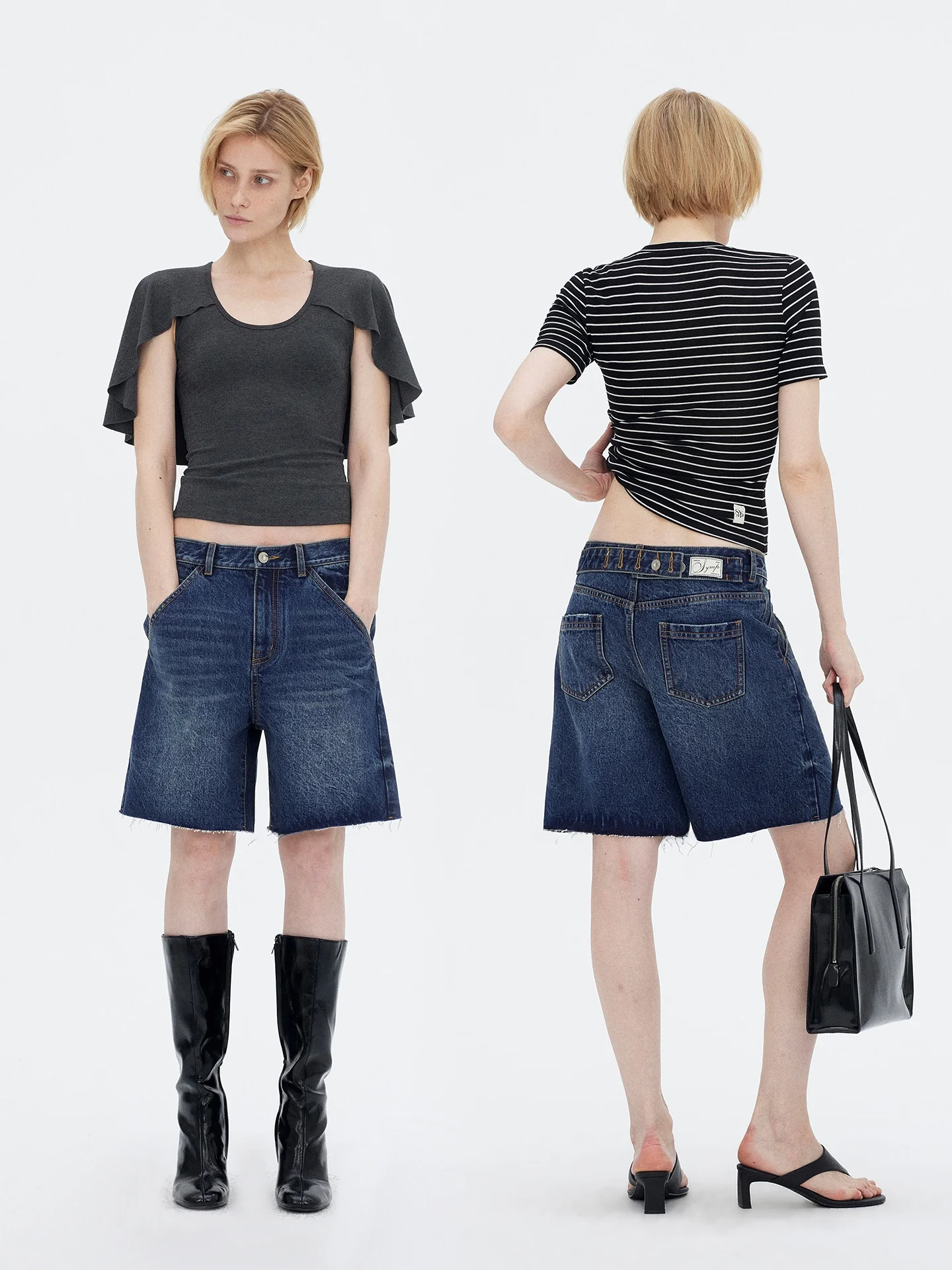 

Retro Blue Denim Short Pants Low Waist Straight Leg Five Parts with Button Back for Women Summer Season Ladies Jeans Shorts