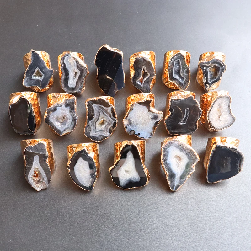 Irregular Geode Stone Agate Slices Open Ring Unisex Black Color Boho Resizable Finger Jewelry