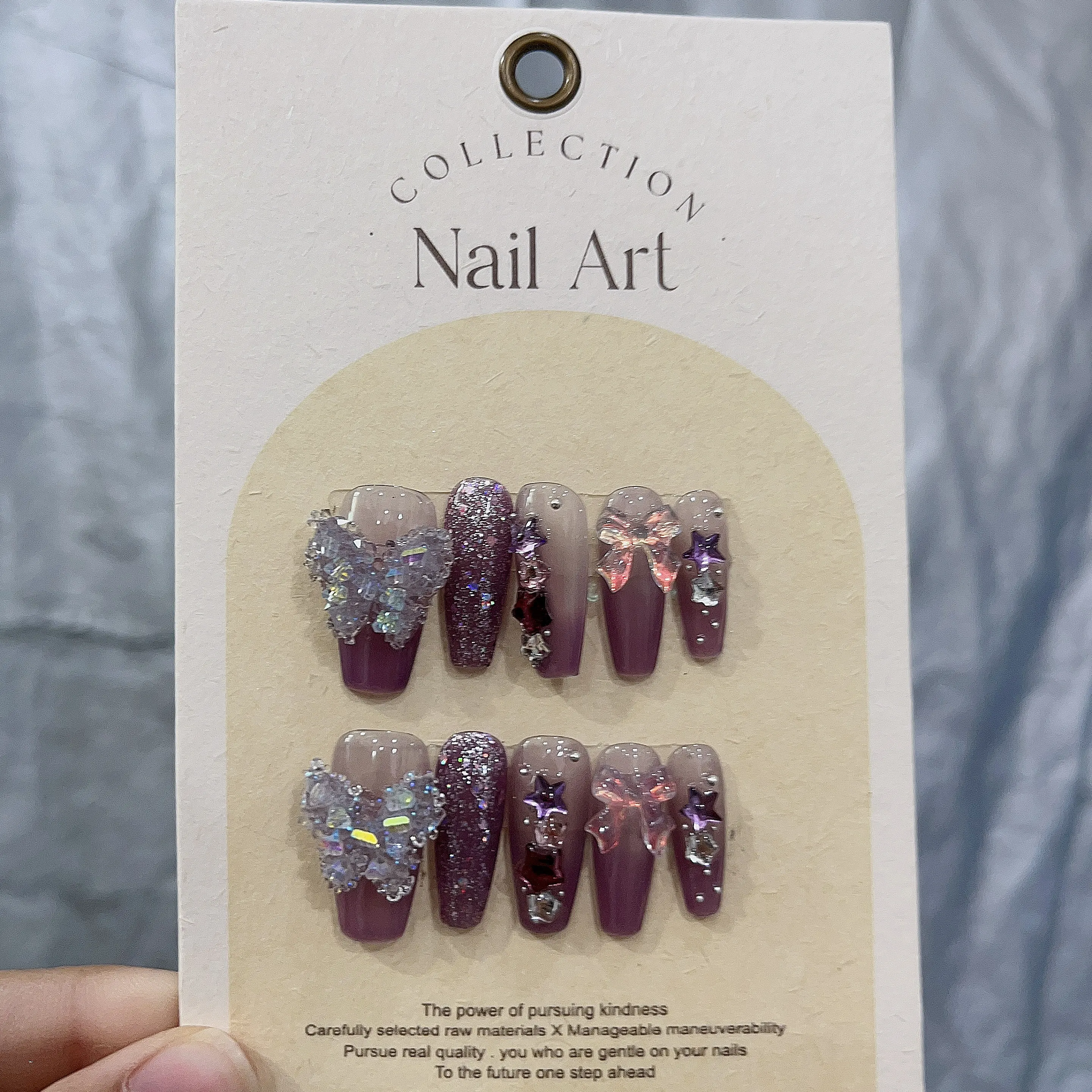 Purple Press On Nails Set with Big Butterfly and Little Stars,Luxurious and Whitening Style In Emmabeauty Store.No.2443