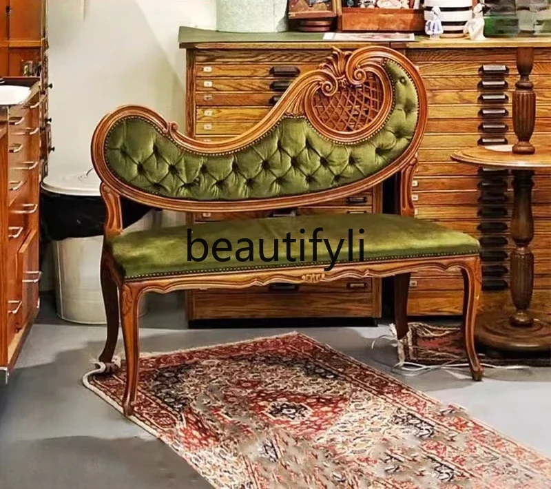 

A48 Solid wood sofa, living room French retro shoe changing stool, bedside stool, casual three-person high-end feeling