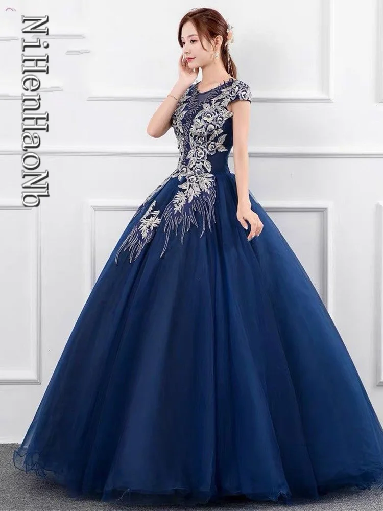 Blue Quinceanera Dresses Flower Appliqués Ball Gown Elegant Exquisite Prom Dress Custom Made Vestidos De 15