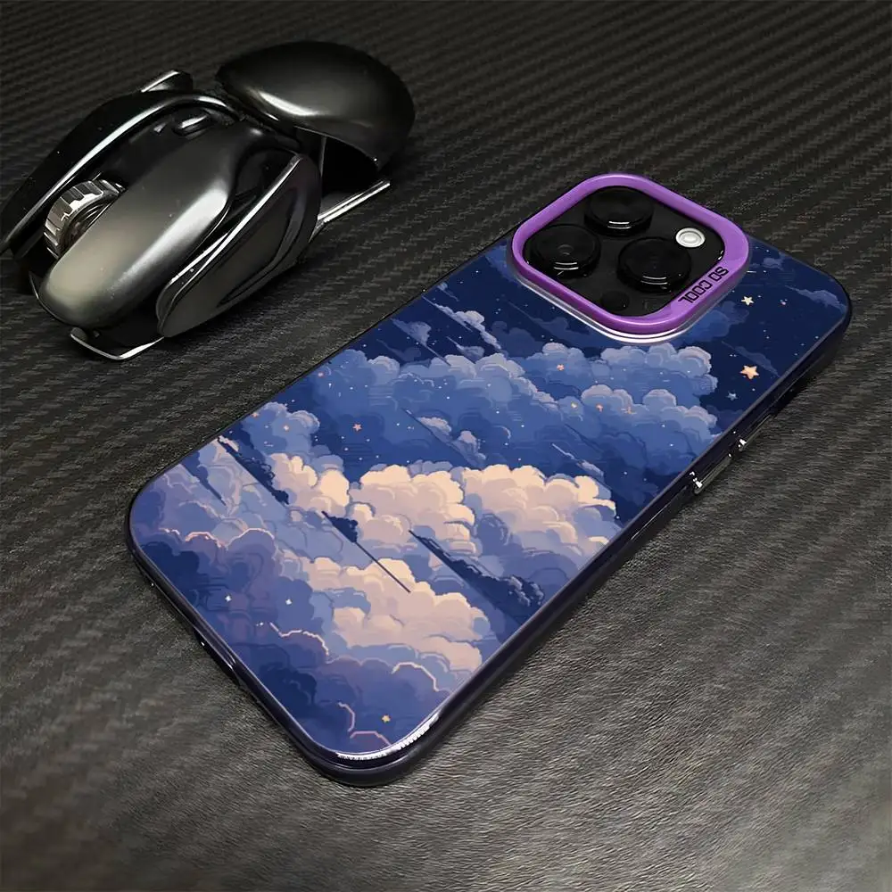 حافظة هاتف Cute Clouds Moon لهاتف iPhone 16,15,14,13,12,11,Mini,Pro,MAX غطاء مقاوم للصدمات باللون الأرجواني غير اللامع