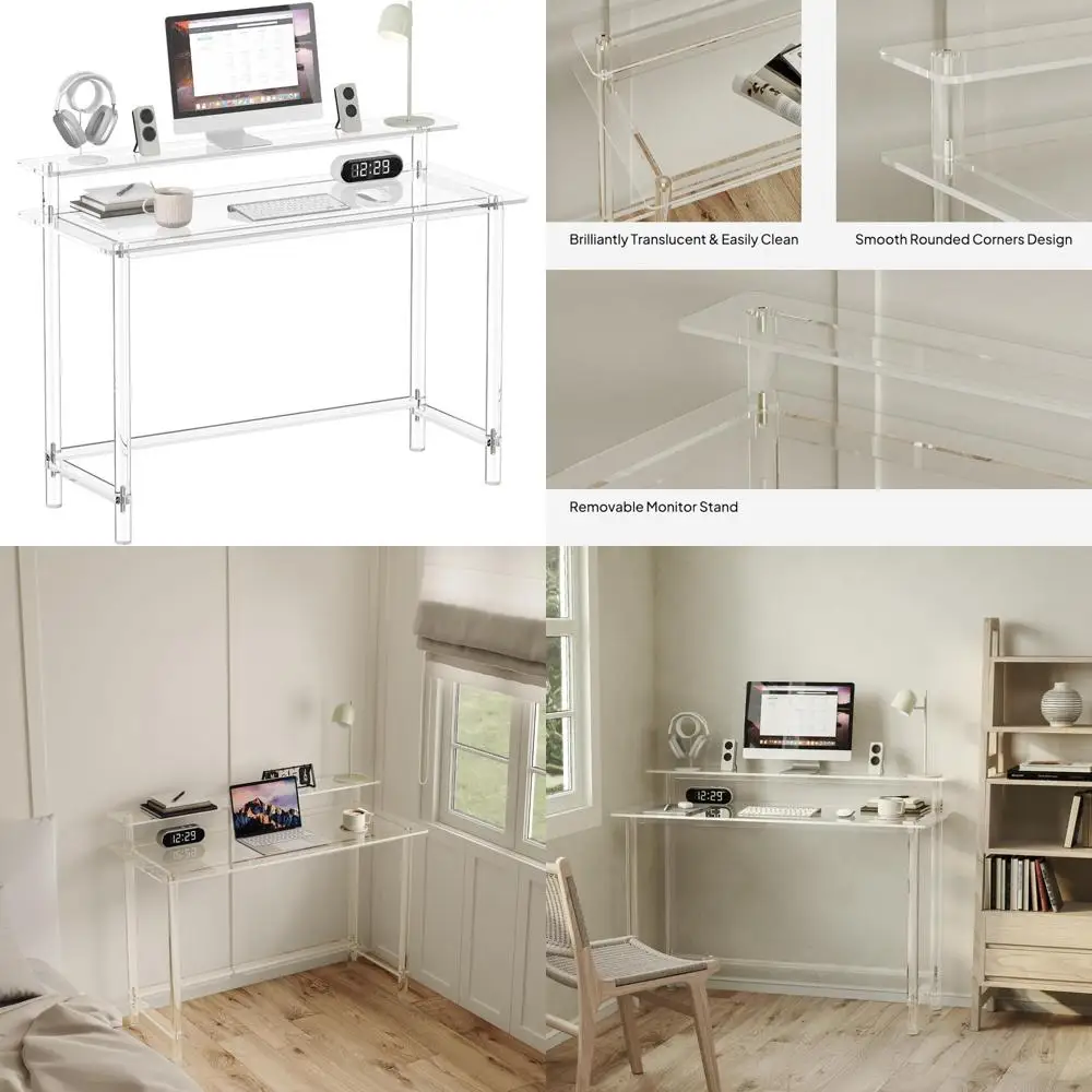

Современный прозрачный акриловый компьютерный стол — длина 47,2 x ширина 19,7 x высота 34,5 — стол для домашнего офиса с подставкой для монитора