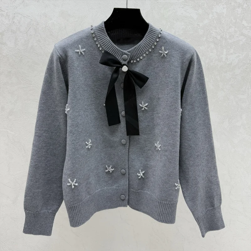 

High quality Three-dimensional diamond women's cardigan sweater with bow elegant female clothes 25122315