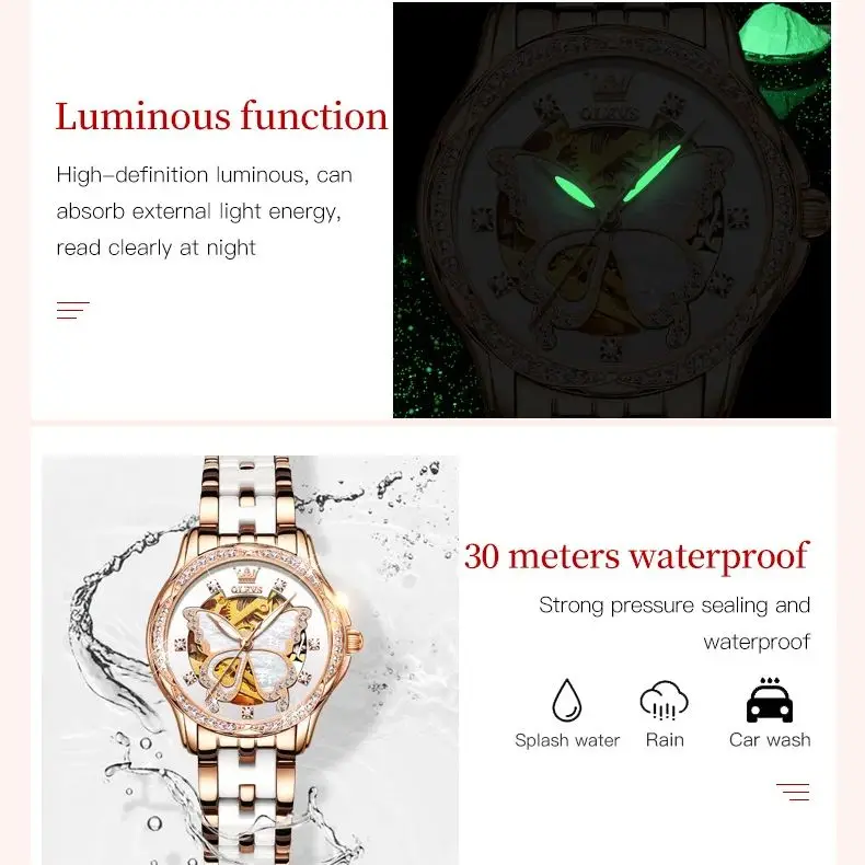 OLEVS 6622, элегантные женские часы, роскошные бриллианты, розовое золото, бабочка, женские автоматические механические часы, модный комплект браслетов, часы