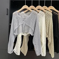 Lace Trim One Button Long Sleeve Crop Top Women Short Sleeve Open Front Ribbed Knit Cardigan Sweater Summer Fairycore Outfit