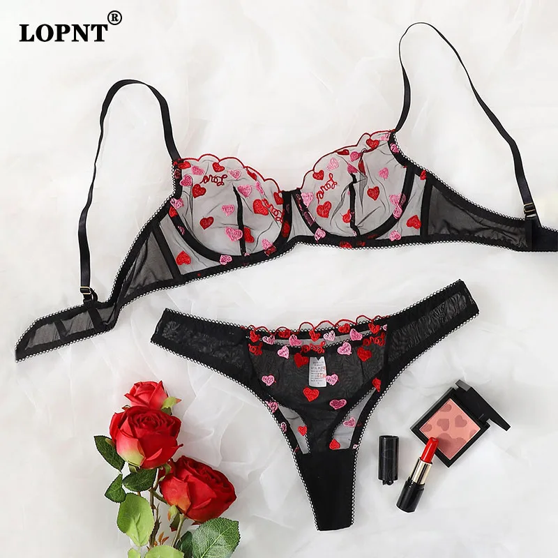 

Lopnt Lingerie For Women Pink Love Embroidery Lingerie Set Push Up Bra And Panty Set Mesh Transparent Tempation Sexy Underwear