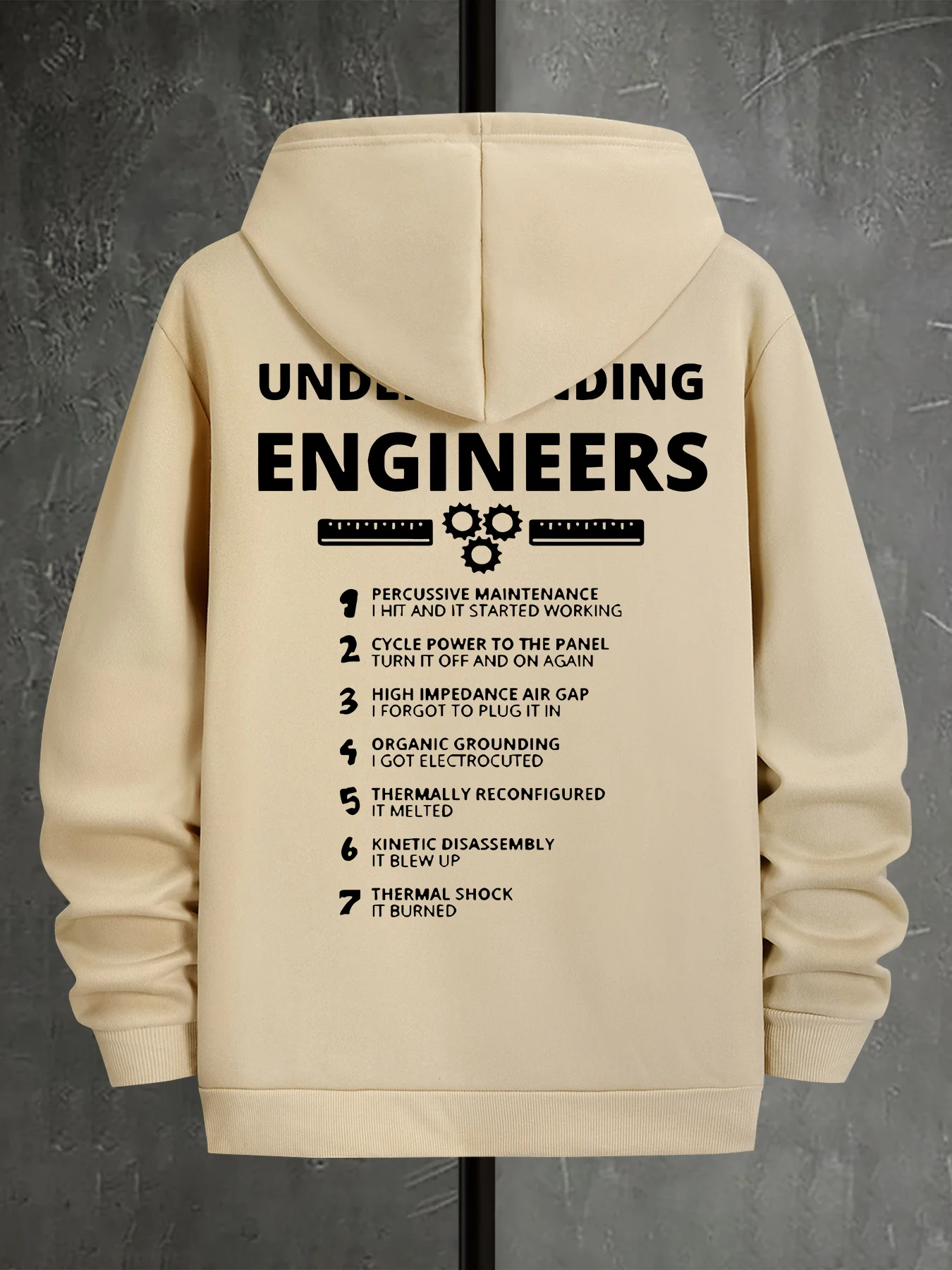 Men Warm Fleece‑Lined Hoodie Engineer Gear Letter Print Hooded Sweatshirt Streetwear Casual Pullover for Men