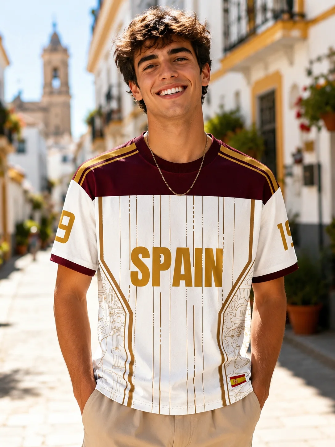 Men's Spain  T-Shirt Number 19 Maroon White Gold Striped Football Jersey Short Sleeve Casual Sports Top