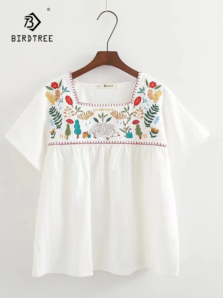 New Spring Cotton Embroidery Casual Shirts Women Square Collar OL Blouse Girl Short Sleeve Literature Top 2024 Summer T455147QC