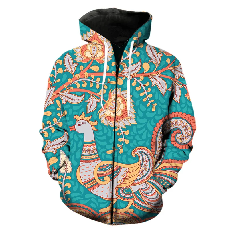 

3D Printed Retro Exotic Hoodies For Men Floral Graphic Sweatshirts Casual Oversized Hooded Streetwear Zipper Pullovers Loose Top