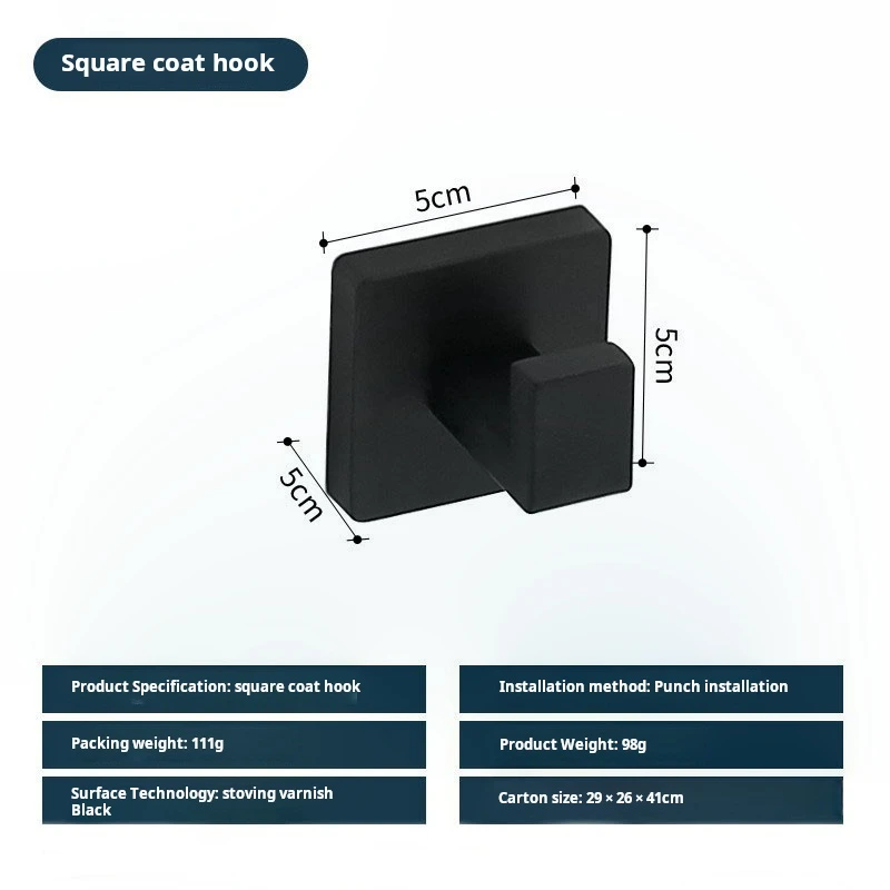 Stainless Steel Single Hook Towel Hook Hotel Bathroom Square Coat Hook Black Punch Installation Anti-rust Moisture-proof