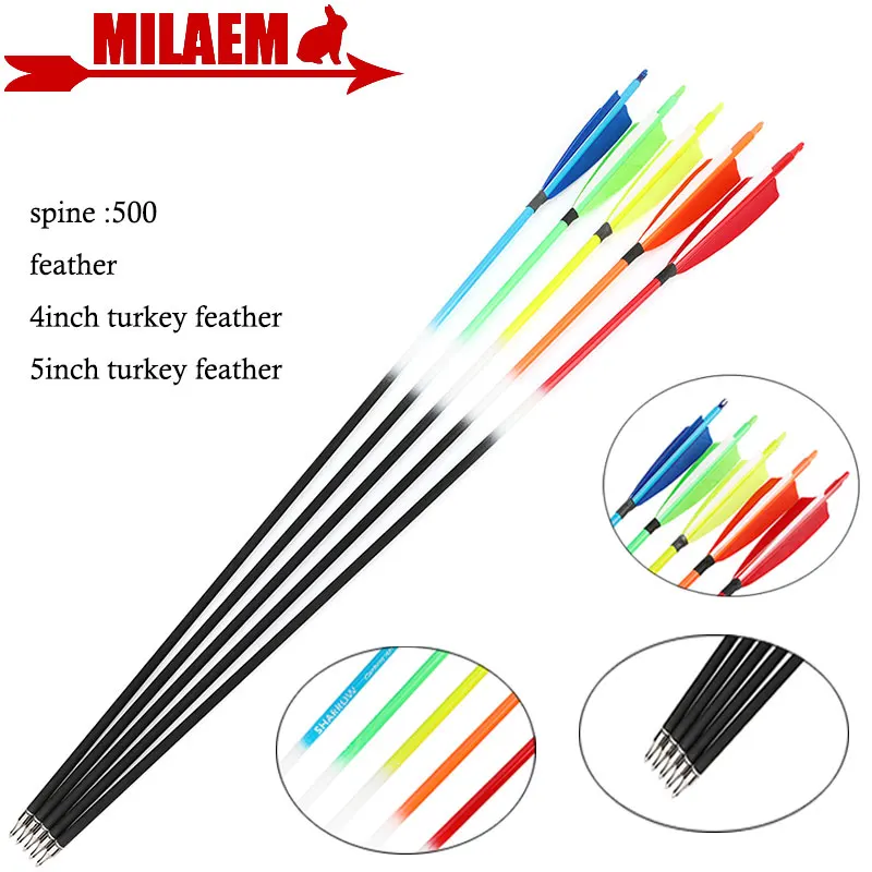 6/12pcs Archery Carbon Arrow Spine 500 ID6.2mm OD7.8mm 100Gr Point Tip 4inch/5inch Turkey Feather Hunting Accessories