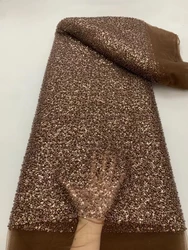 Brown African Lace Fabric 5 Yards 2024 High Quality Elegant Beads Embroidered French Nigerian Sequins Lace Fabric For Wedding